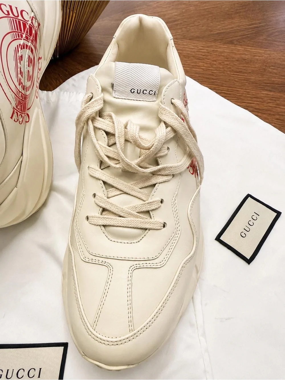 Gucci Cream Leather Platform Sneaker with Red Logo Accent